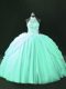 Apple Green Lace Up Halter Top Beading Ball Gown Prom Dress Tulle Sleeveless