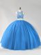 Blue Sleeveless Floor Length Beading Backless Quince Ball Gowns