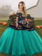 Tulle Off The Shoulder Sleeveless Lace Up Embroidery Sweet 16 Quinceanera Dress in Turquoise