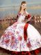 Affordable Floor Length White And Red Quinceanera Gown Off The Shoulder Sleeveless Lace Up
