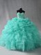 Customized Aqua Blue Organza Lace Up Sweetheart Sleeveless Floor Length Quince Ball Gowns Beading and Ruffles and Pick Ups