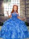 Blue Organza Lace Up Little Girl Pageant Dress Sleeveless Floor Length Beading and Ruffles