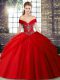 Red Sleeveless Tulle Brush Train Lace Up Sweet 16 Dresses for Military Ball and Sweet 16 and Quinceanera