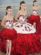 Beauteous Embroidery and Ruffles and Bowknot Sweet 16 Dress White And Red Lace Up Sleeveless Floor Length