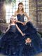 Tulle Sweetheart Sleeveless Lace Up Beading and Ruffles Quinceanera Gowns in Navy Blue