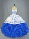 Pretty Blue And White Organza Lace Up Sweetheart Sleeveless 15 Quinceanera Dress Brush Train Beading and Embroidery and Ruffles