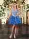 Traditional Blue Sleeveless Mini Length Beading and Ruffles Lace Up Prom Evening Gown