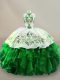 Sleeveless Organza Floor Length Lace Up Quince Ball Gowns in Green with Embroidery and Ruffles