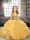 Floor Length Lace Up Girls Pageant Dresses Gold for Party and Sweet 16 and Wedding Party with Beading and Ruffles
