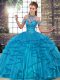 Attractive Blue Sleeveless Floor Length Beading and Ruffles Lace Up 15 Quinceanera Dress
