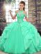 Popular Apple Green Lace Up Halter Top Beading and Ruffles Ball Gown Prom Dress Organza Sleeveless