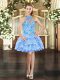Organza Halter Top Sleeveless Lace Up Embroidery and Ruffled Layers Dress for Prom in Light Blue