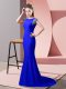 Elastic Woven Satin High-neck Short Sleeves Brush Train Backless Beading Dress for Prom in Royal Blue