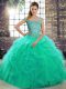 Excellent Turquoise Lace Up Sweet 16 Quinceanera Dress Beading and Ruffles Sleeveless Brush Train