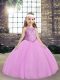Lilac Ball Gowns Tulle Scoop Sleeveless Beading Floor Length Lace Up Pageant Dresses