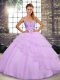 Customized Sleeveless Brush Train Beading and Ruffled Layers Lace Up Vestidos de Quinceanera