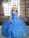 Luxurious Sleeveless Organza Floor Length Lace Up Kids Pageant Dress in Blue with Beading and Ruching