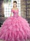Rose Pink Ball Gowns Beading and Ruffles 15 Quinceanera Dress Lace Up Organza Sleeveless