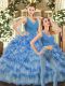 Organza V-neck Sleeveless Backless Ruffles Vestidos de Quinceanera in Blue