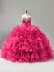 Modest Hot Pink Ball Gowns Beading and Ruffles 15 Quinceanera Dress Lace Up Organza Sleeveless Floor Length