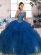 Blue Scoop Zipper Beading and Ruffles Vestidos de Quinceanera Sleeveless