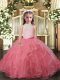 Watermelon Red Tulle Backless High-neck Sleeveless Floor Length Pageant Dress Womens Ruffles