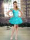 Fancy Sleeveless Mini Length Beading and Ruffles Lace Up Womens Party Dresses with Aqua Blue