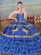 Vintage Sleeveless Embroidery and Ruffled Layers Lace Up Sweet 16 Quinceanera Dress with Blue Brush Train