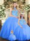 Blue Tulle Lace Up Vestidos de Quinceanera Sleeveless Floor Length Embroidery