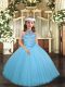 Custom Fit Scoop Sleeveless Pageant Dress for Teens Floor Length Beading Aqua Blue Tulle