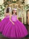 Simple Fuchsia Tulle Lace Up Kids Formal Wear Sleeveless Floor Length Beading