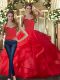 Spectacular Red Two Pieces Tulle Halter Top Sleeveless Ruffles Floor Length Lace Up Quinceanera Gowns