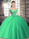 Top Selling Turquoise Ball Gowns Off The Shoulder Sleeveless Tulle Brush Train Lace Up Beading and Pick Ups Quinceanera Gown