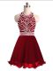 Wine Red Chiffon Lace Up Halter Top Sleeveless Mini Length Prom Gown Beading
