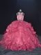 Fabulous Brush Train Two Pieces Quinceanera Gowns Burgundy Scoop Organza Sleeveless Backless