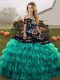 Glamorous Turquoise Sleeveless Embroidery and Ruffled Layers Floor Length Sweet 16 Dress