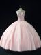 Designer Pink Ball Gowns Tulle Scoop Sleeveless Beading Floor Length Lace Up Quinceanera Dresses
