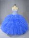 Blue Organza Lace Up Sweetheart Sleeveless Floor Length Quince Ball Gowns Beading and Ruffles