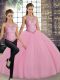 Luxurious Two Pieces Quinceanera Dresses Pink Scoop Tulle Sleeveless Floor Length Lace Up
