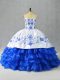 Embroidery and Ruffled Layers Vestidos de Quinceanera Blue And White Lace Up Sleeveless Floor Length
