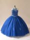 Blue Tulle Lace Up Scoop Sleeveless Floor Length Sweet 16 Dresses Beading