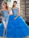 Most Popular Blue Sleeveless Brush Train Beading and Pick Ups Quinceanera Gown
