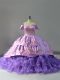 Fantastic Organza Off The Shoulder Sleeveless Chapel Train Lace Up Embroidery and Ruffles Sweet 16 Dresses in Lavender