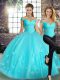Nice Aqua Blue Two Pieces Tulle Off The Shoulder Sleeveless Beading and Appliques Floor Length Lace Up 15th Birthday Dress