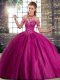 Super Fuchsia Vestidos de Quinceanera Tulle Brush Train Sleeveless Beading