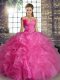 Low Price Rose Pink Lace Up Off The Shoulder Beading and Ruffles 15 Quinceanera Dress Organza Sleeveless