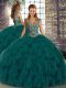 High End Floor Length Ball Gowns Sleeveless Peacock Green Quinceanera Dress Lace Up