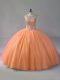 Orange Tulle Lace Up Scoop Sleeveless Floor Length Quince Ball Gowns Beading