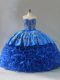 Popular Royal Blue Fabric With Rolling Flowers Lace Up Quinceanera Gowns Sleeveless Embroidery and Ruffles