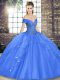 Blue Quince Ball Gowns Military Ball and Sweet 16 and Quinceanera with Beading and Ruffles Off The Shoulder Sleeveless Lace Up
